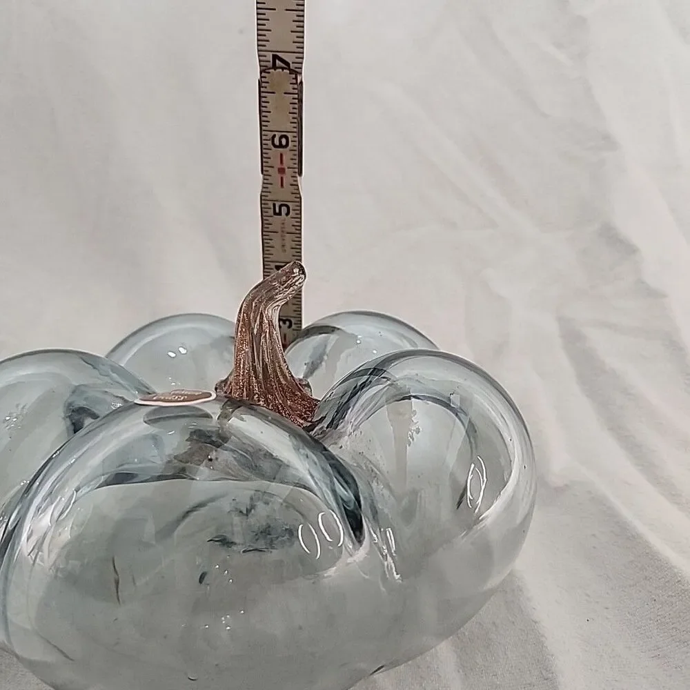 Glass Pumpkin Clear W/ Gold Glitter Shimmer Stem Hand Blown Artisan 7